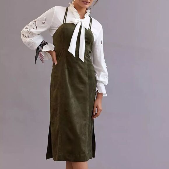 By Anthropologie Moss Green Vegan Faux Suede Sleeveless Midi Dress US 10 - Picture 2 of 12